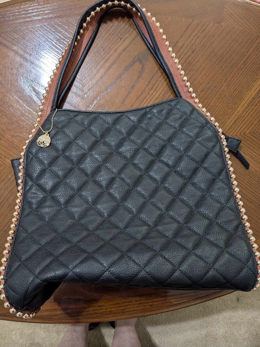 Big Buddha Black Quilted Vegan Leather Bag with Multicolor Geometric Lining